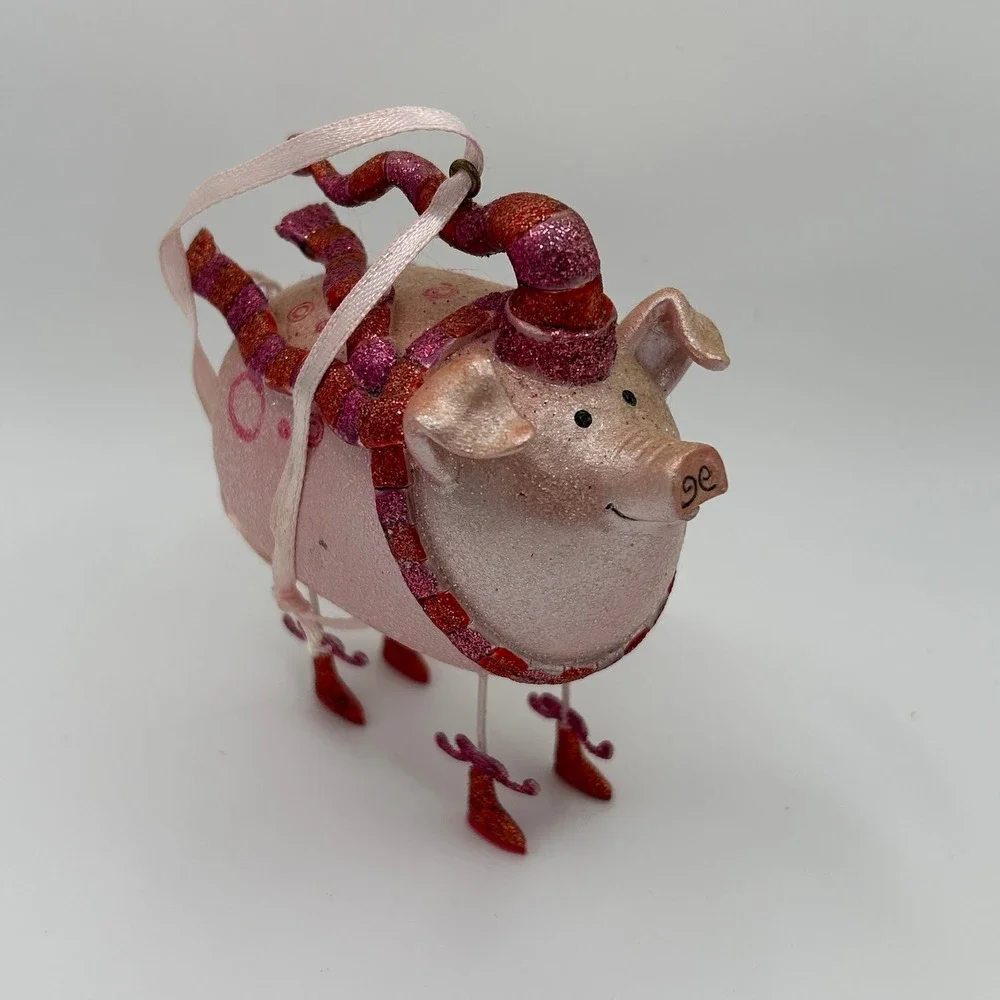 Whimsical Pink Pig Christmas Ornament Dangle Wire Legs Boots Hat Scarf Glitter